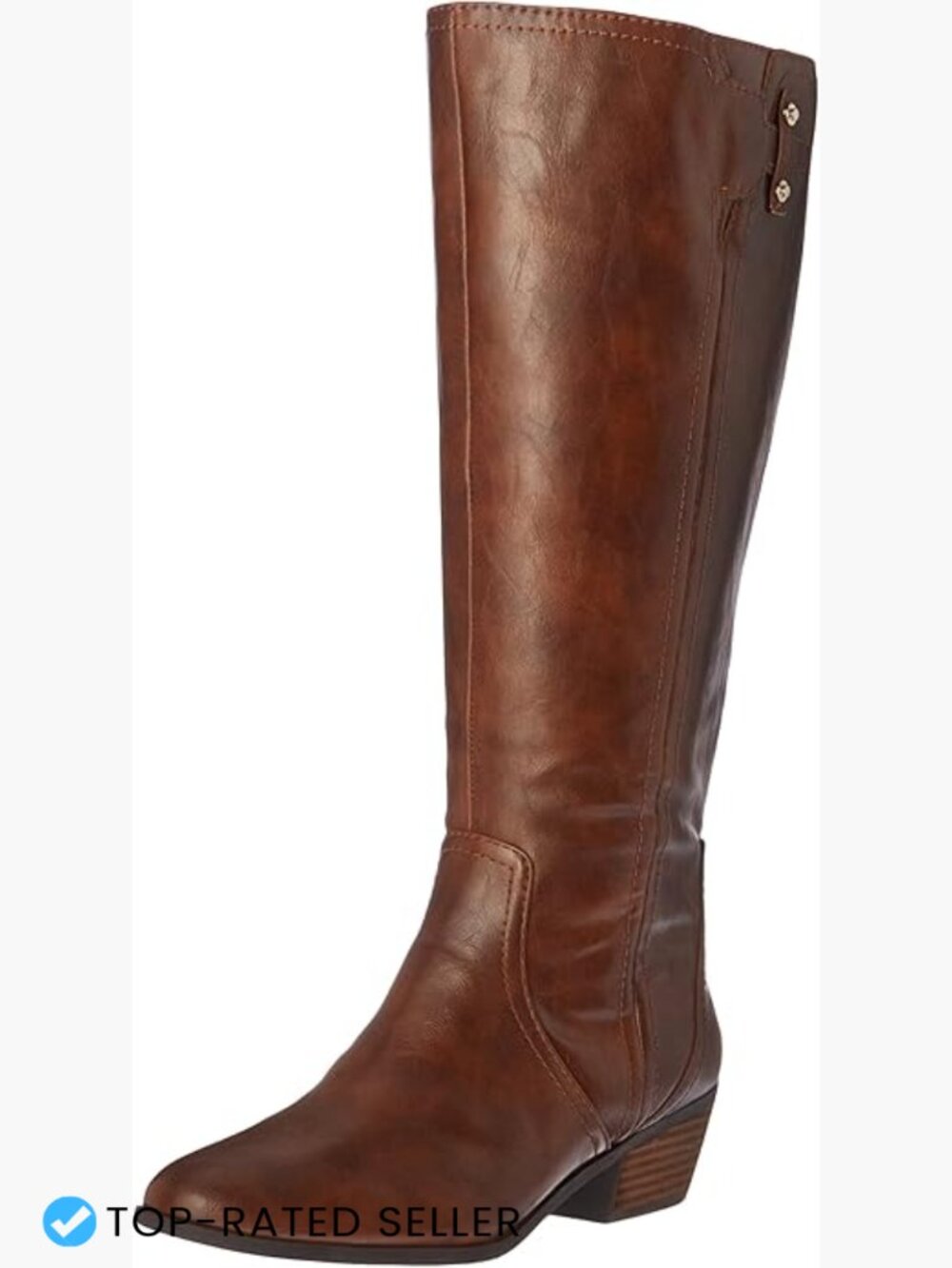 Wide Calf Knee High Riding Boots Faux Leather Metallic Buckle Block Heel Zip